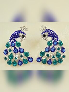 Peacock Crystal Stud Earrings - Blue & Teal